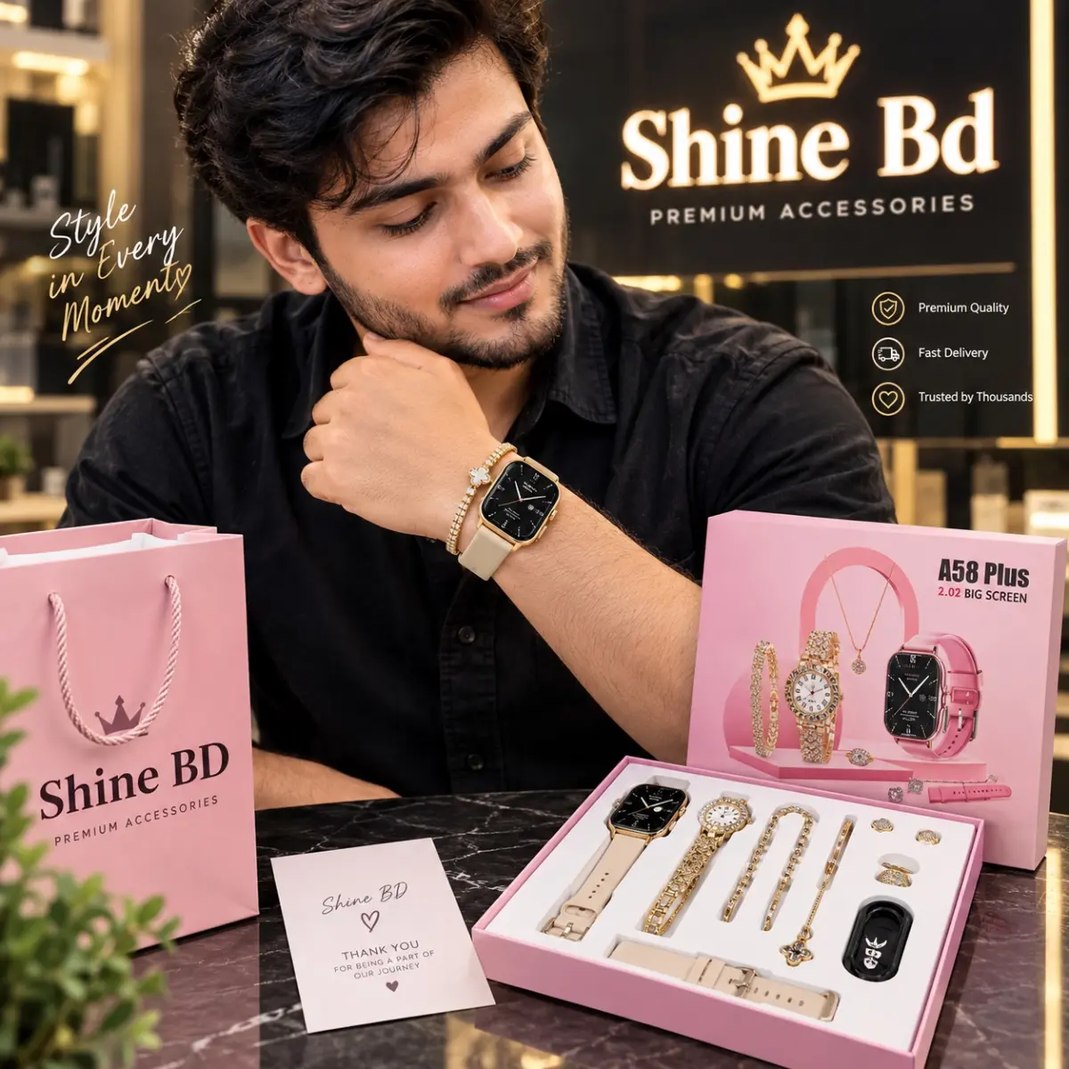 A58 Smart Watch & Jewellery Combo – Premium Gift Set ✨