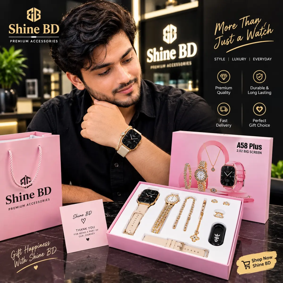 A58 Smart Watch & Jewellery Combo – Premium Gift Set ✨
