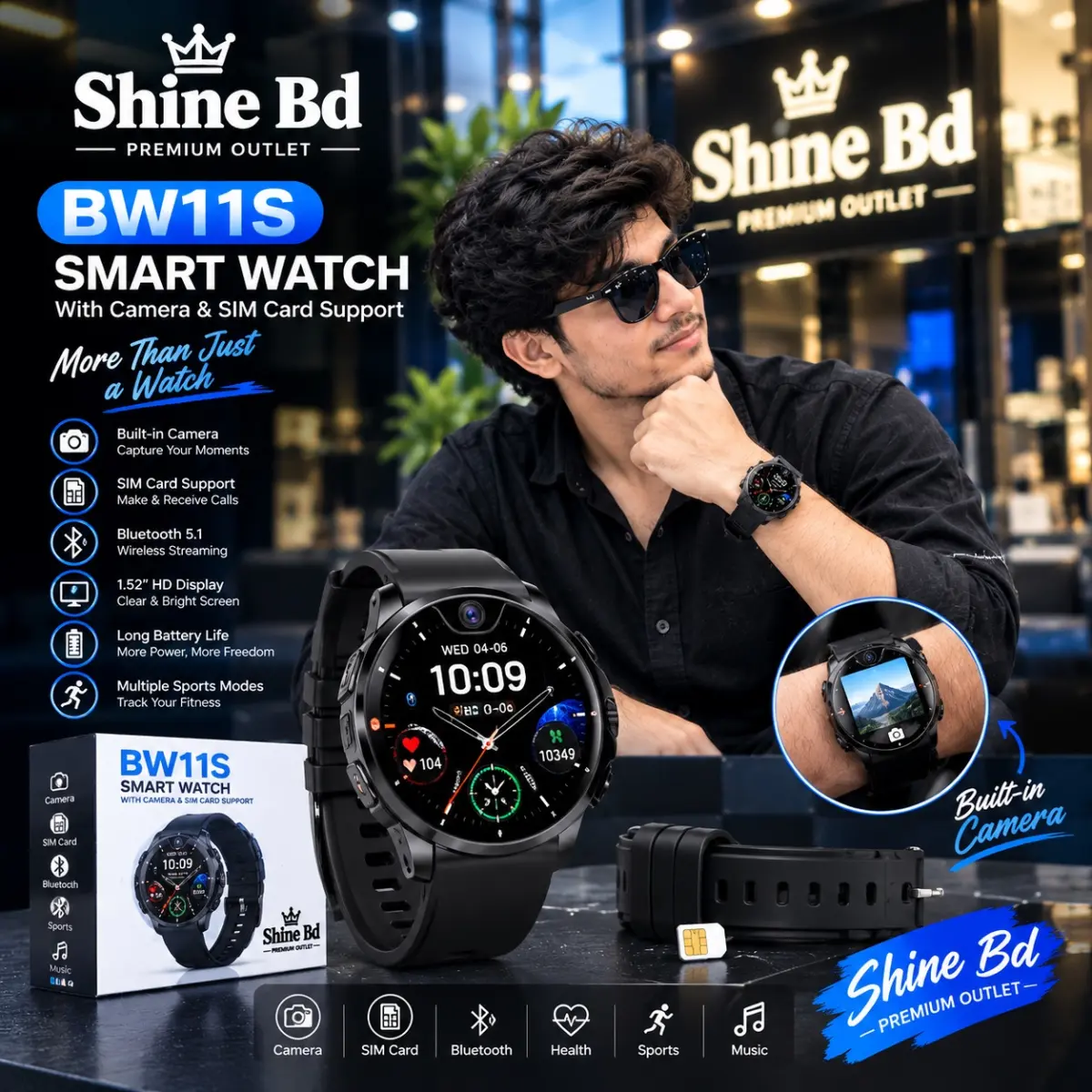 BW11s Camera Smart Watch SIM Support Fitness Tracking Smart Watch 2.1 Display