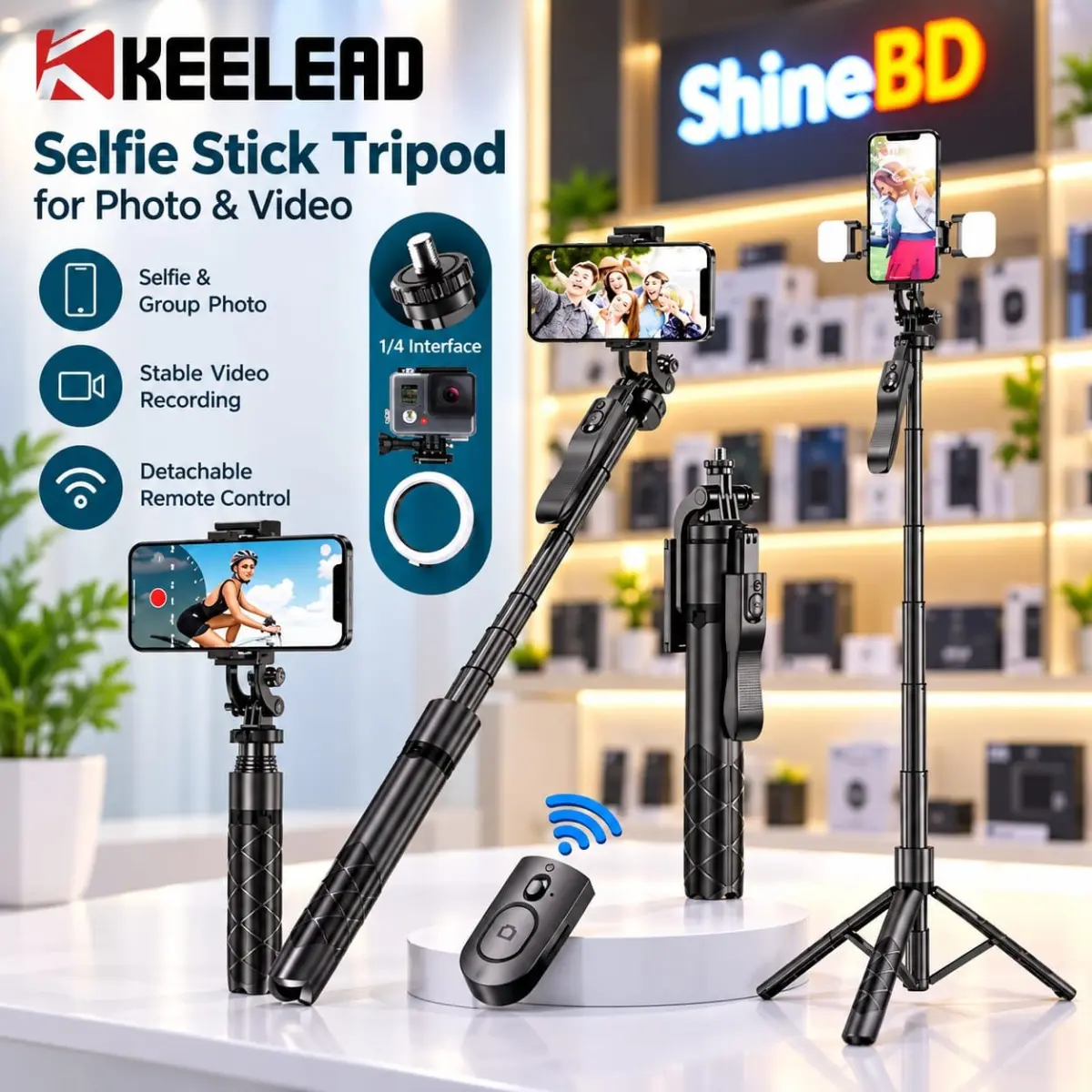 Long Video Stand Cum Selfie Stick Tripod with Remote – 360° Rotation Phone Stand with Wireless Remote Con