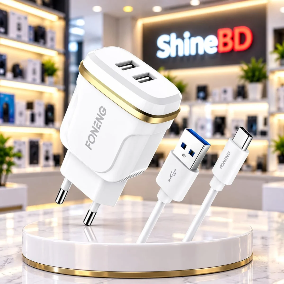 FONENG 2-Port USB চার্জার + Type-C কেবল