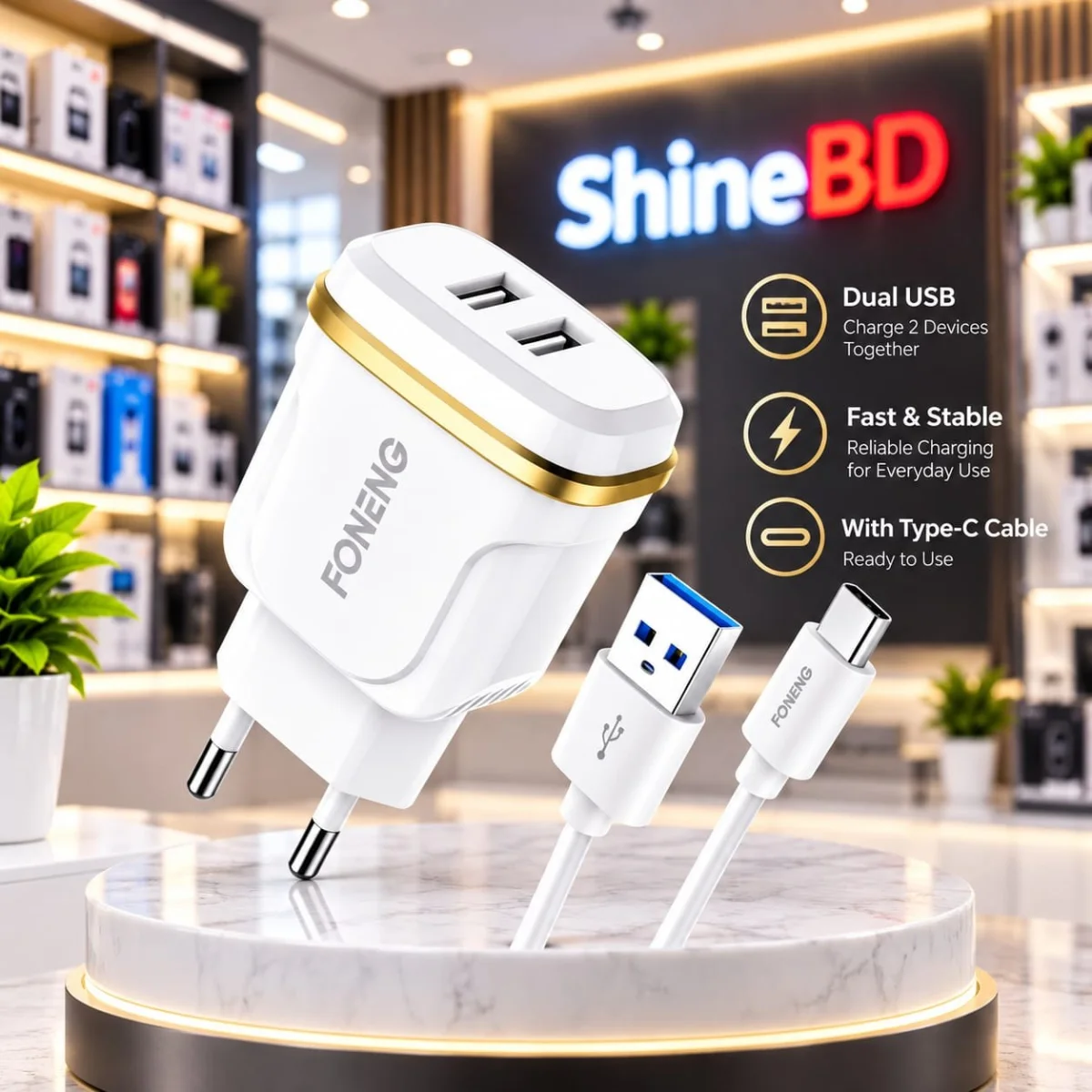FONENG 2-Port USB চার্জার + Type-C কেবল