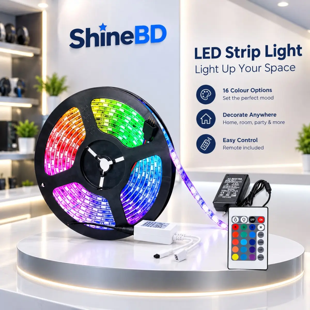 16 FT RGB Strip Light – Remote – Adapter – 16 Color