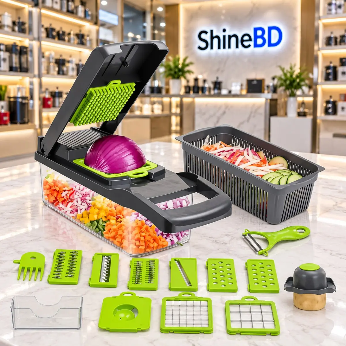 16 in 1 Multifunction Vegetable Cutter with Squre Basket-Green