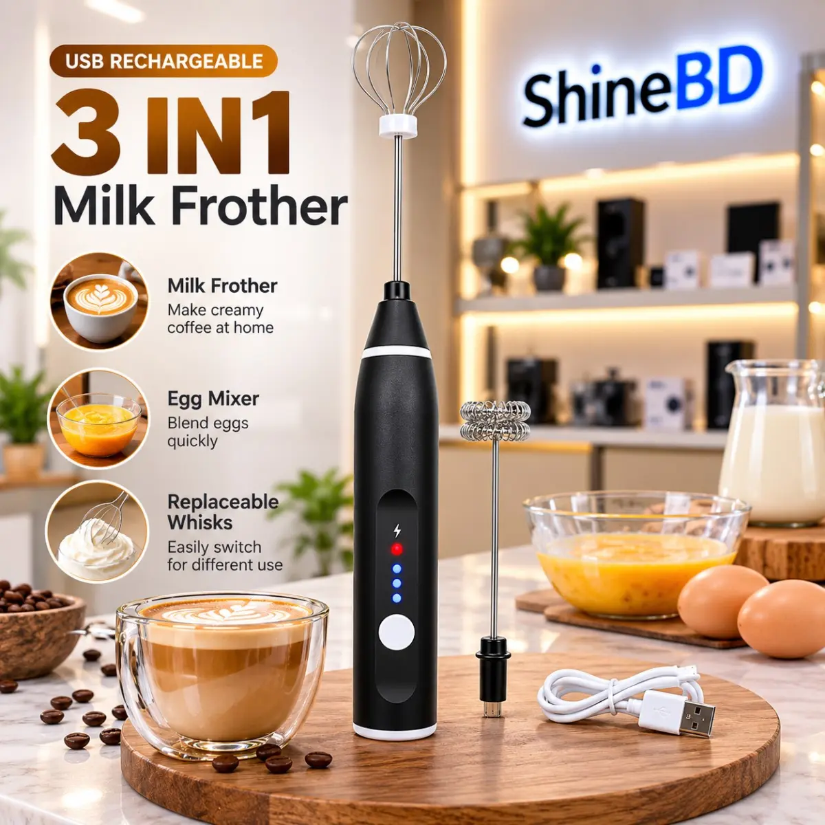 2-in-1 Multifunctional Milk Frother Electric Double Milk Bubbler Frother Coffee Beater Egg Mixer with Three Speeds Strength Adjustment for Coffee Beating Eggs (with USB)