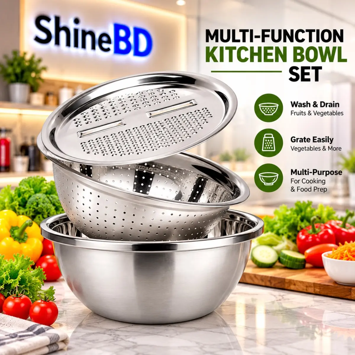 3 In 1 Stainless Steel Drain Basket Vegetable Cutter