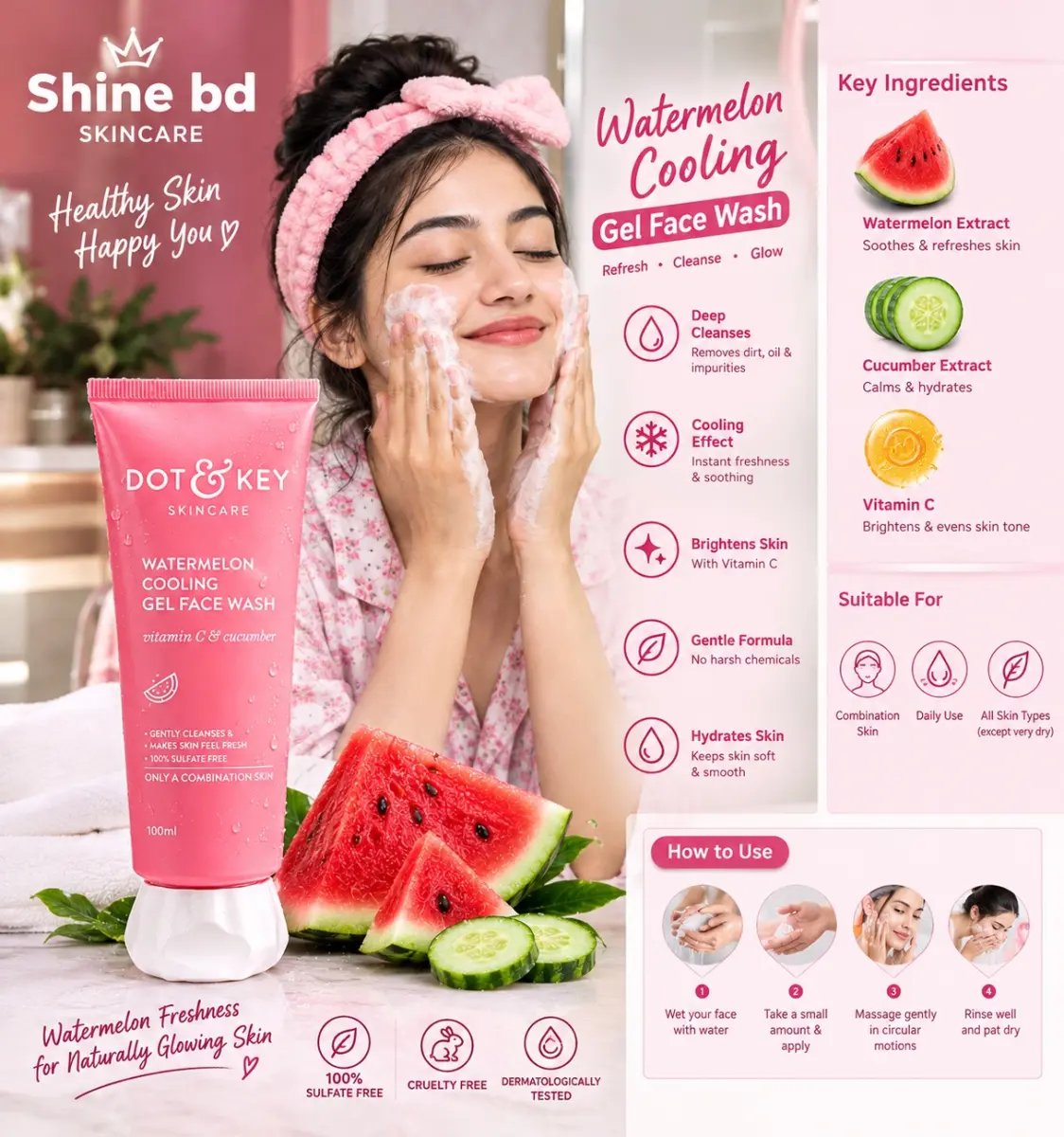 Dot & Key Watermelon Cooling Gel Face Wash With Vitamin C & Cucumber 100ml