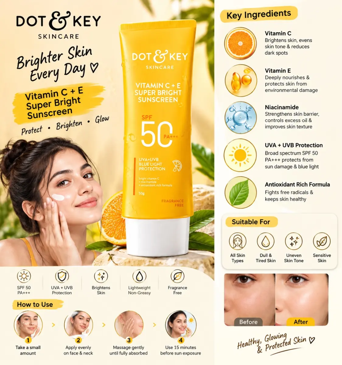 Dot & Key Vitamin C + E Super Bright Sunscreen 80gm SPF50 PA+++