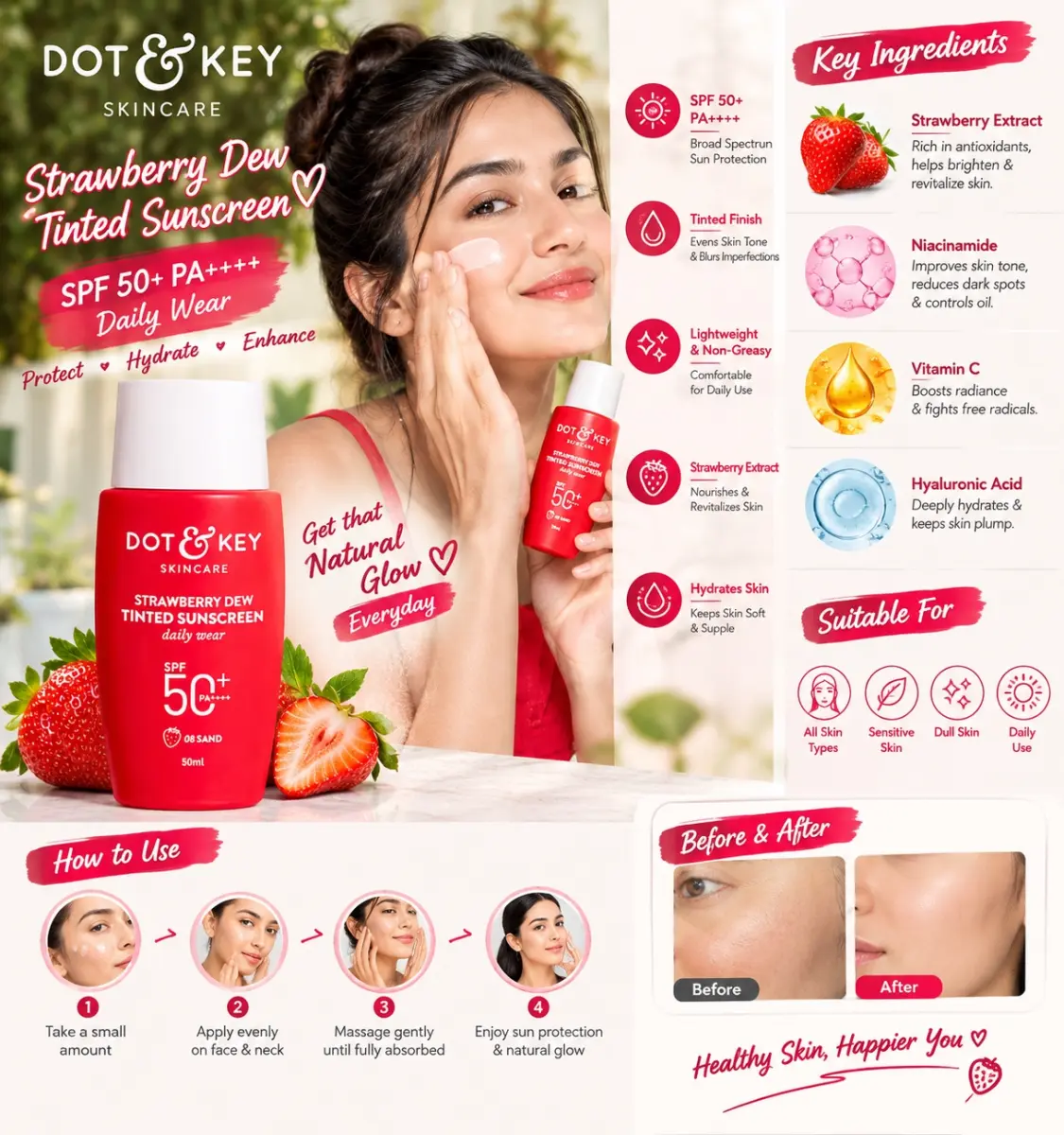 Dot & Key Strawberry Dew Tinted Sunscreen 50ml SPF50+ Sand