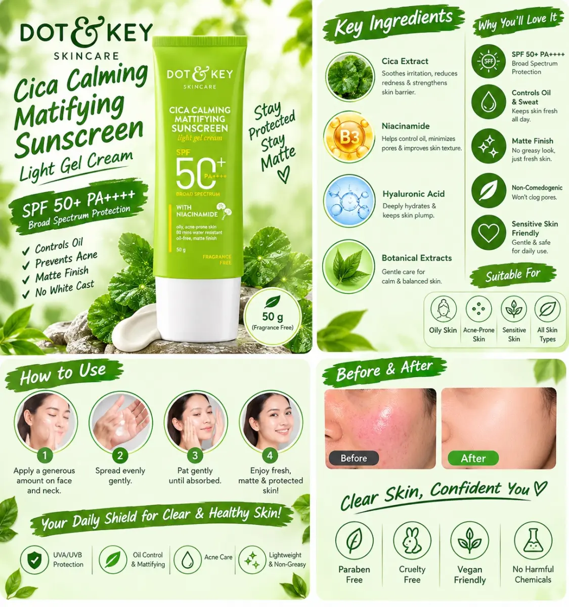 Dot & Key CICA Calming Mattifying Sunscreen SPF 50 PA++++