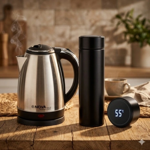Smart Portable LED Flask + NOVA  Stainless Steel Electric Kettle 1.8L Combo