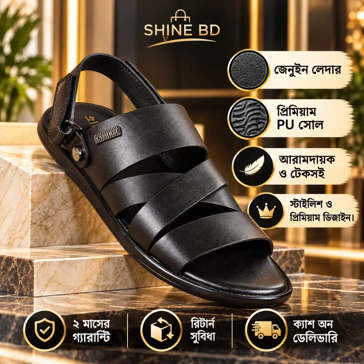 Men's Premium Genuine Leather Belt Sandal – Black