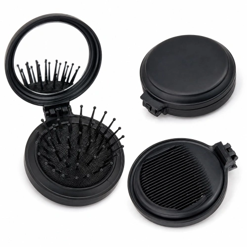 Vintage Black Mini Folding Pocket Hair Brush with Mirror & Comb