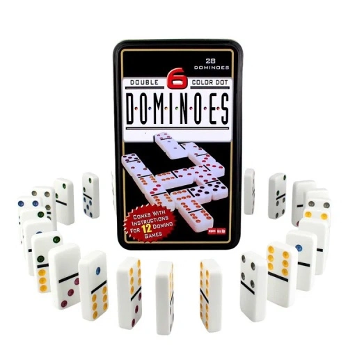 28 Pcs Double 6 Color Dot Dominoes Game, White Domino in Tin Box