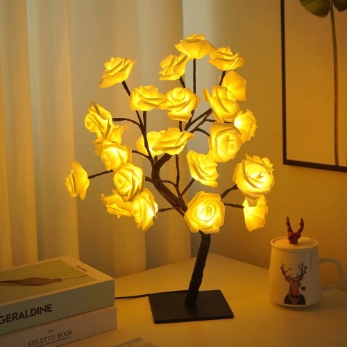 White Rose LED Tree Lamp - 24 Warm White Fairy Lights, USB Powered Tabletop Decor