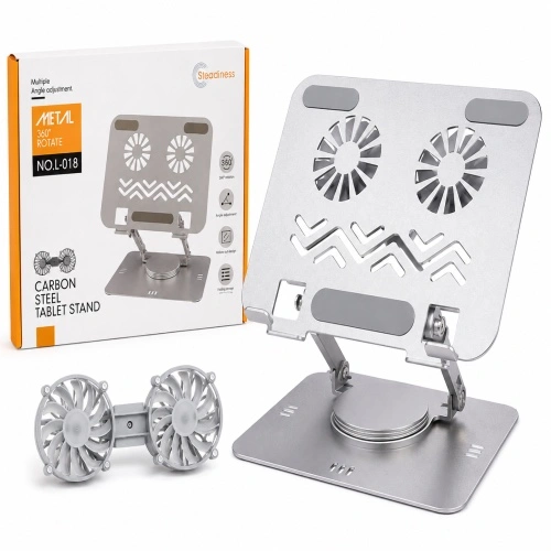 Carbon Steel Laptop & Tablet Stand with Dual Cooling Fan - 360° Adjustable Stand
