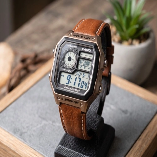 Casio Royale AE-1200 Digital World Time Watch with Brown Leather Strap