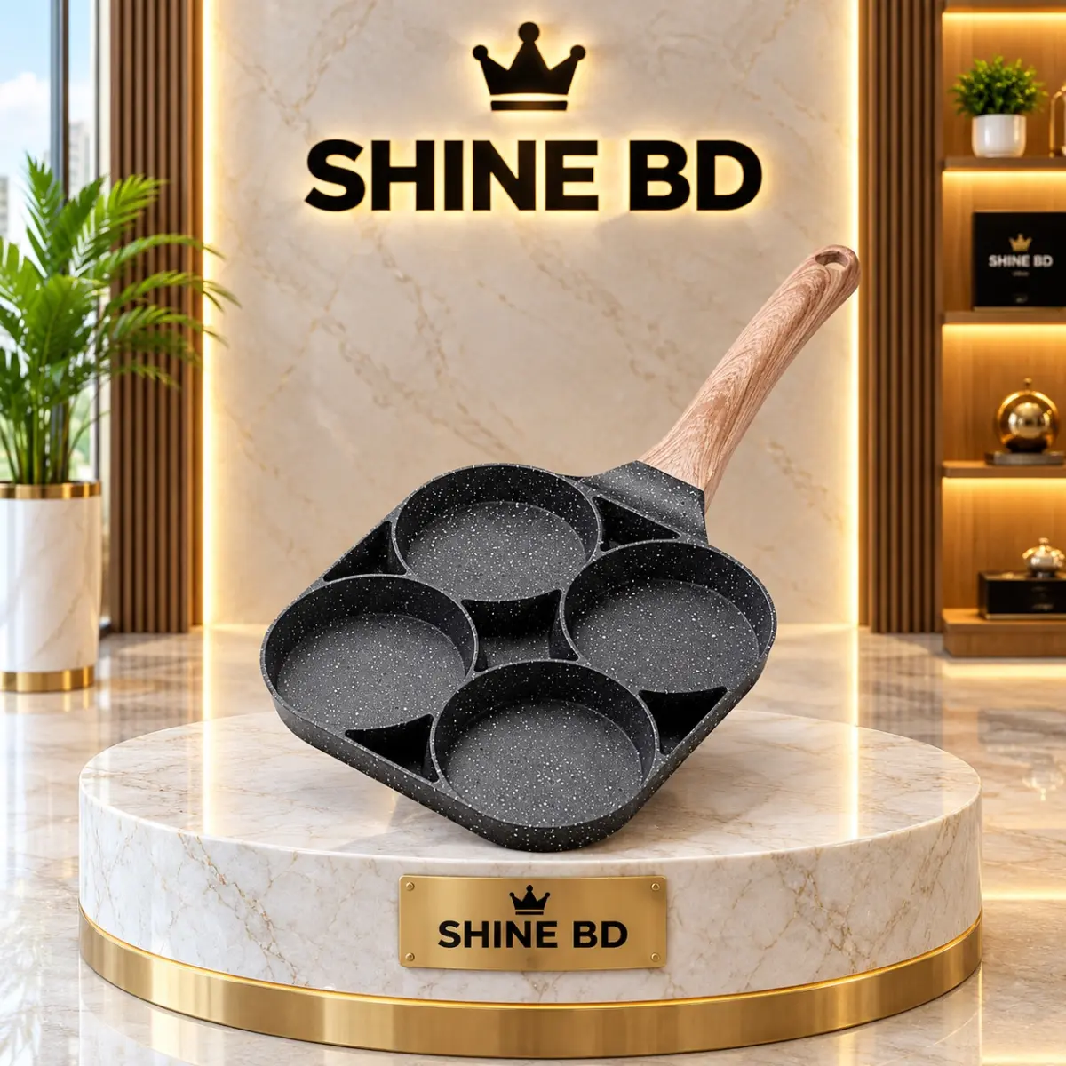 4 Hole Omelet Pan for Burger Egg Ham Pancake Maker Wooden Handle Frying Pan