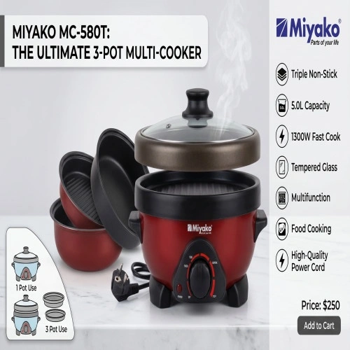 Miyako 5.OL (3 Pot) Multi-Cooker (MC-580T) 1500 Watt