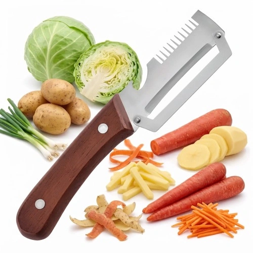 Stainless Steel Multi-Purpose Fish Scaler Knife with Bottle Opener and Wooden Handle