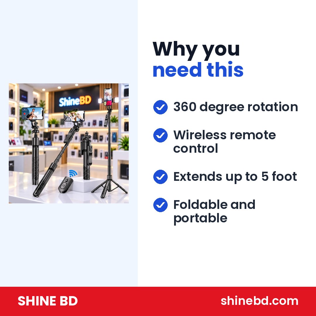 Long Video Stand Cum Selfie Stick Tripod with Remote – 360° Rotation Phone Stand with Wireless Remote Con