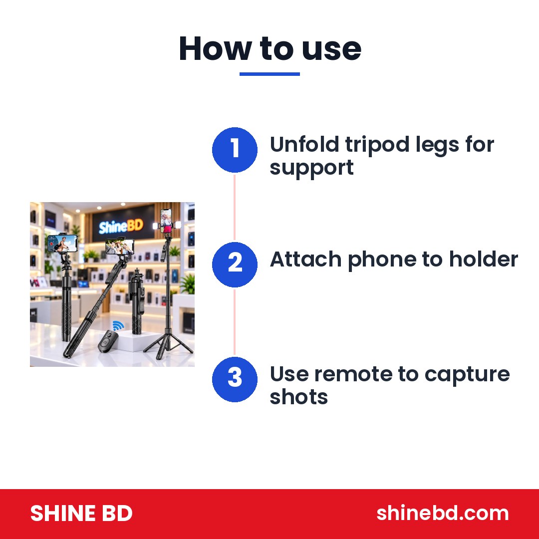 Long Video Stand Cum Selfie Stick Tripod with Remote – 360° Rotation Phone Stand with Wireless Remote Con