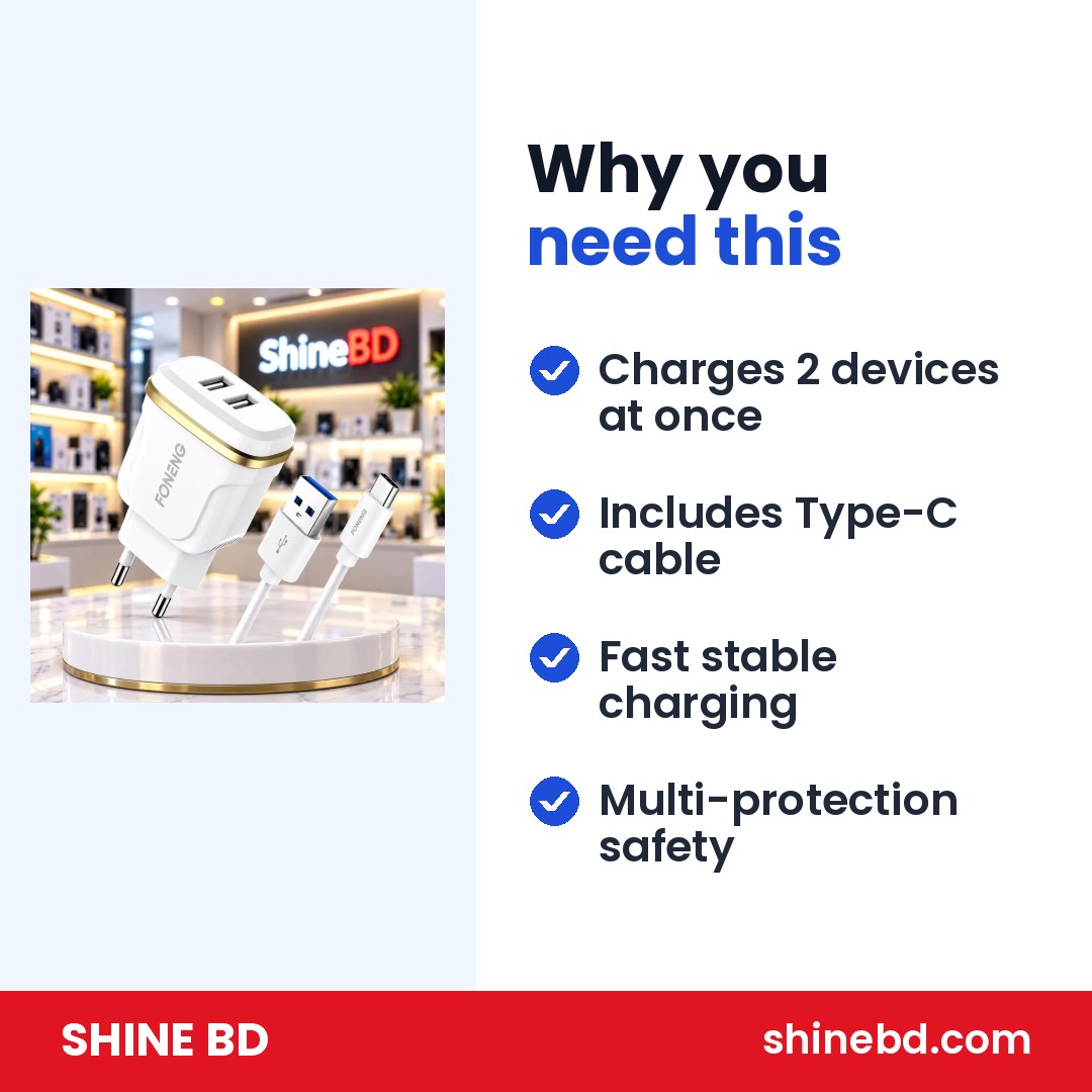 FONENG 2-Port USB চার্জার + Type-C কেবল