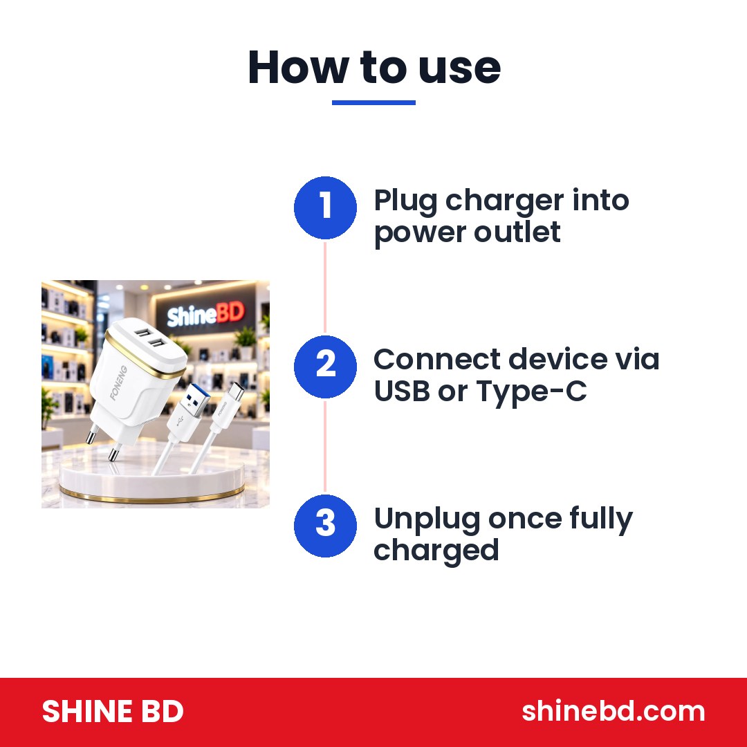 FONENG 2-Port USB চার্জার + Type-C কেবল